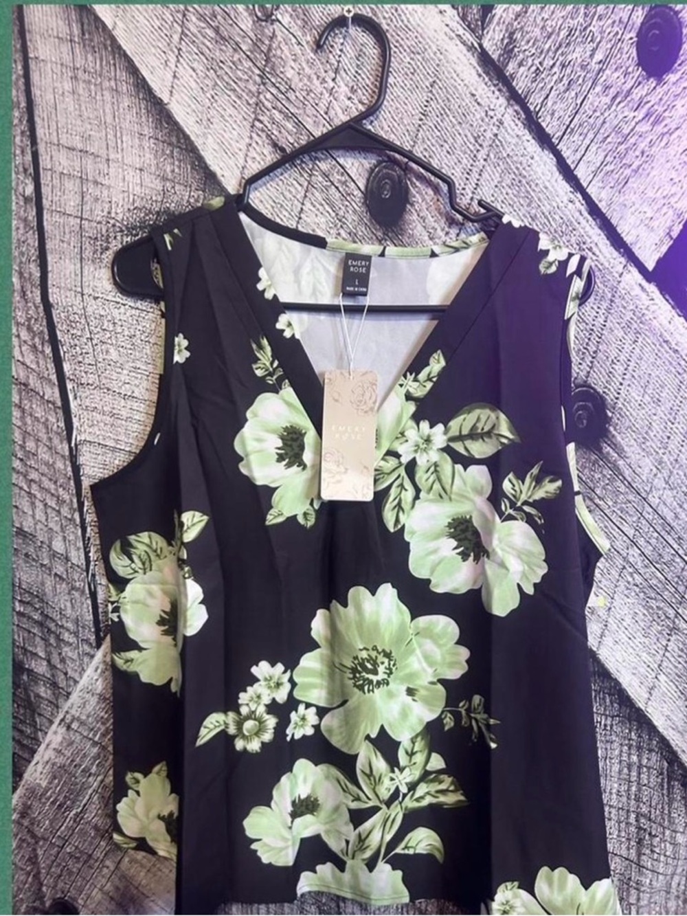 NWT Emery Rose Black Camisole with Green Floral Print